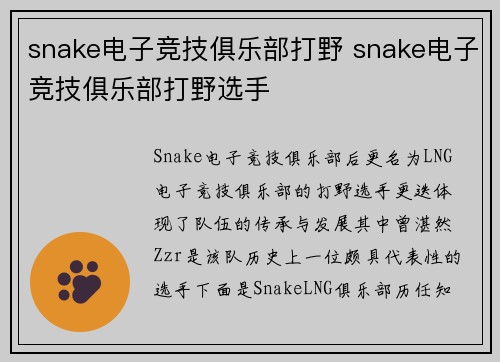 snake电子竞技俱乐部打野 snake电子竞技俱乐部打野选手