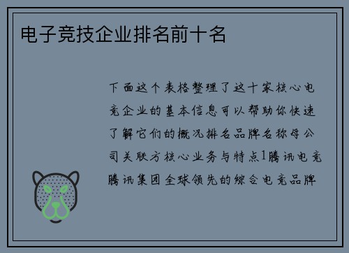 电子竞技企业排名前十名